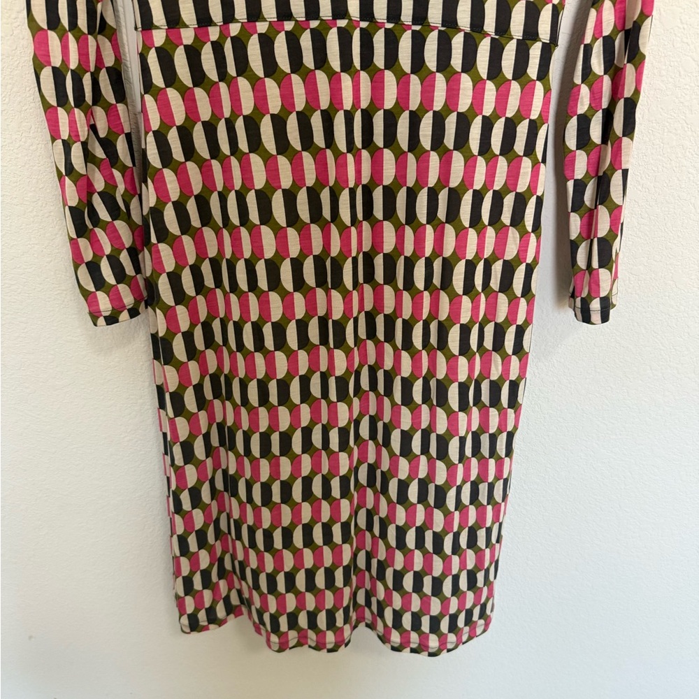 BODEN Geometric Print Long Sleeve Ruched Sheath Dress Size 8 Pink Green White - Picture 10 of 11